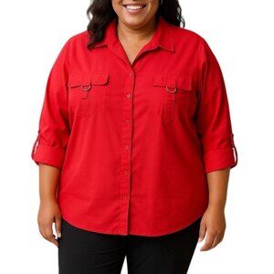 Rafaella Plus Size 3X Top Red Button-Down Shirt Adjustable Sleeves Front Pockets
